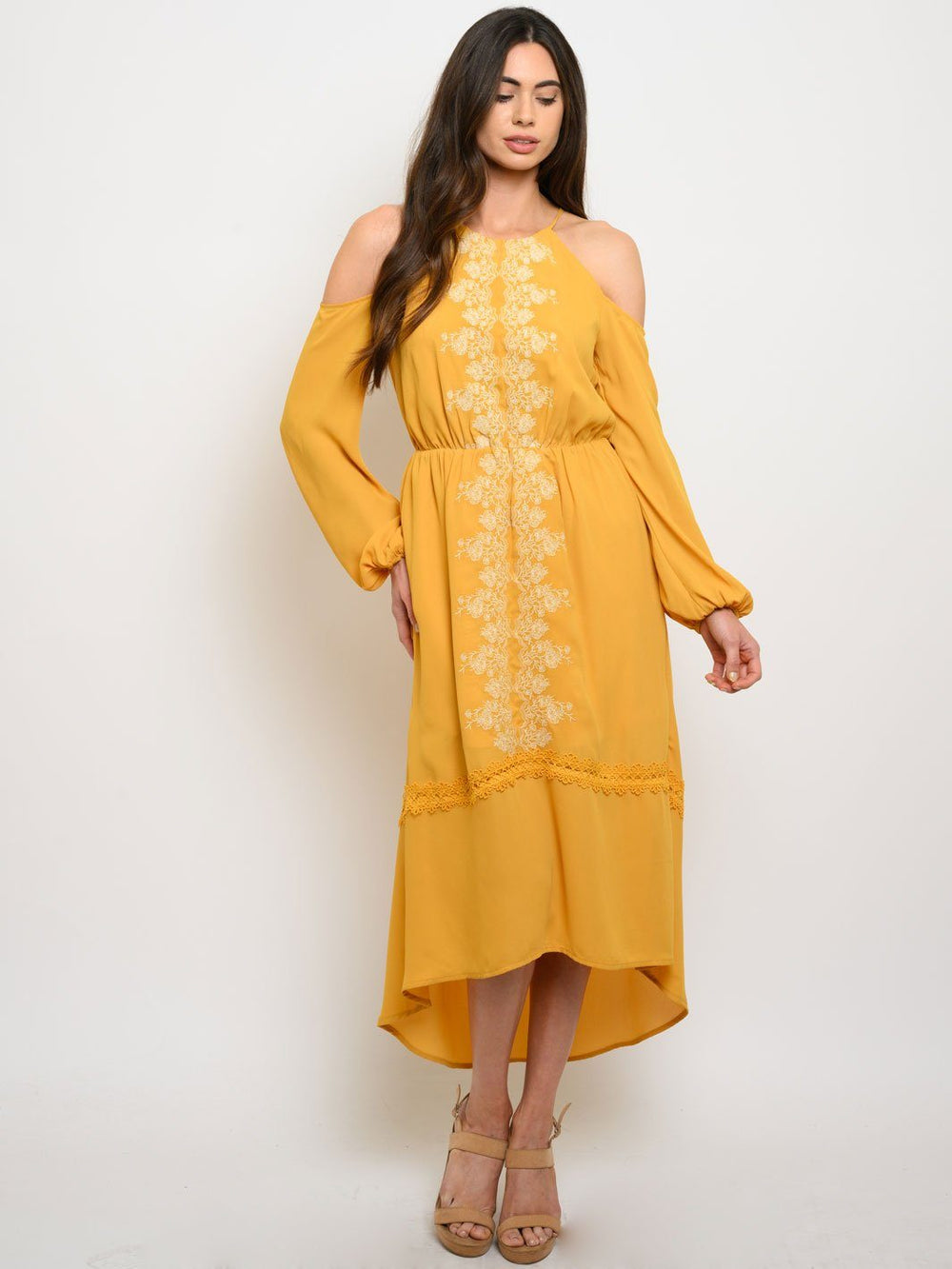 WOMEN'S QUETZAL EMBROIDERY DETAIK COLD SHOULDER MIDI DRESS