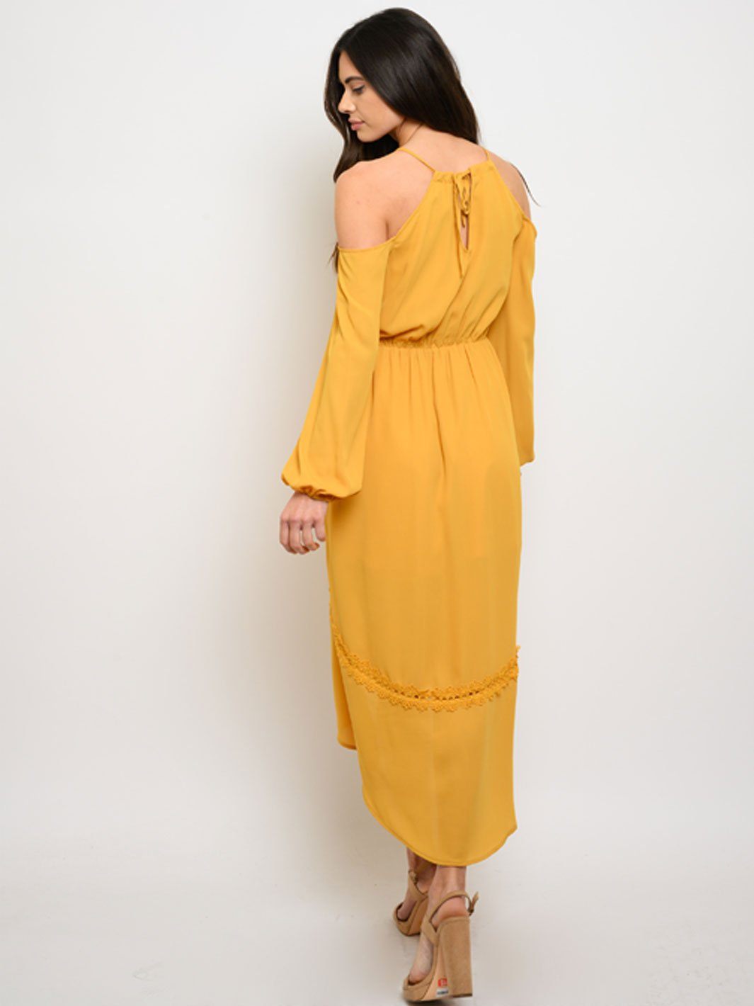 WOMEN'S QUETZAL EMBROIDERY DETAIK COLD SHOULDER MIDI DRESS