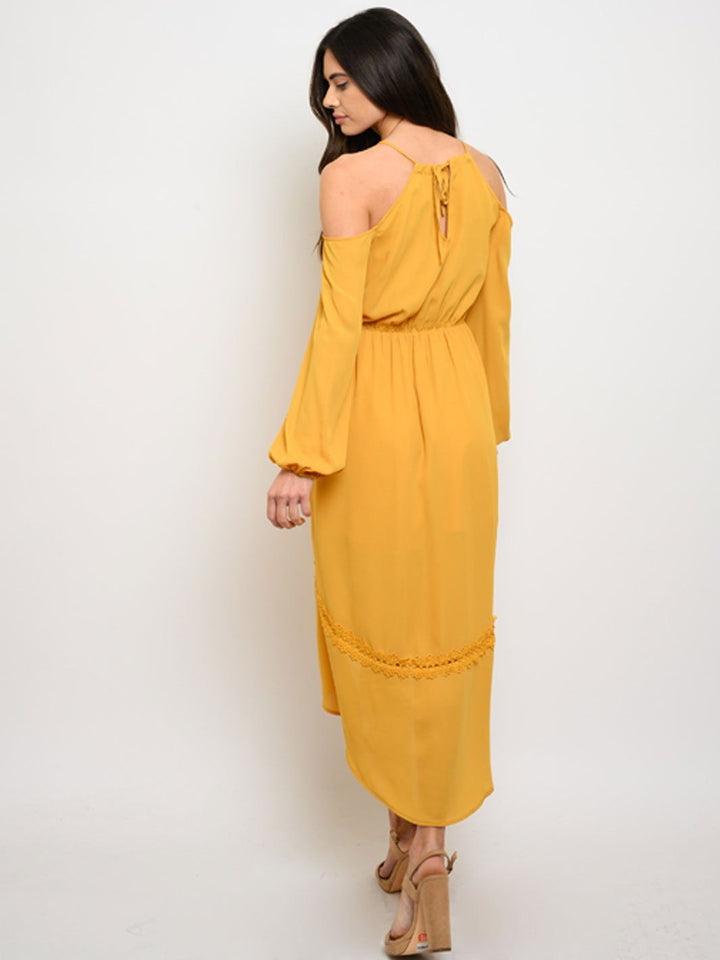 WOMEN'S QUETZAL EMBROIDERY DETAIK COLD SHOULDER MIDI DRESS