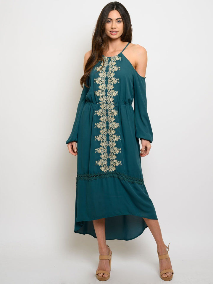 WOMEN'S QUETZAL EMBROIDERY DETAIK COLD SHOULDER MIDI DRESS