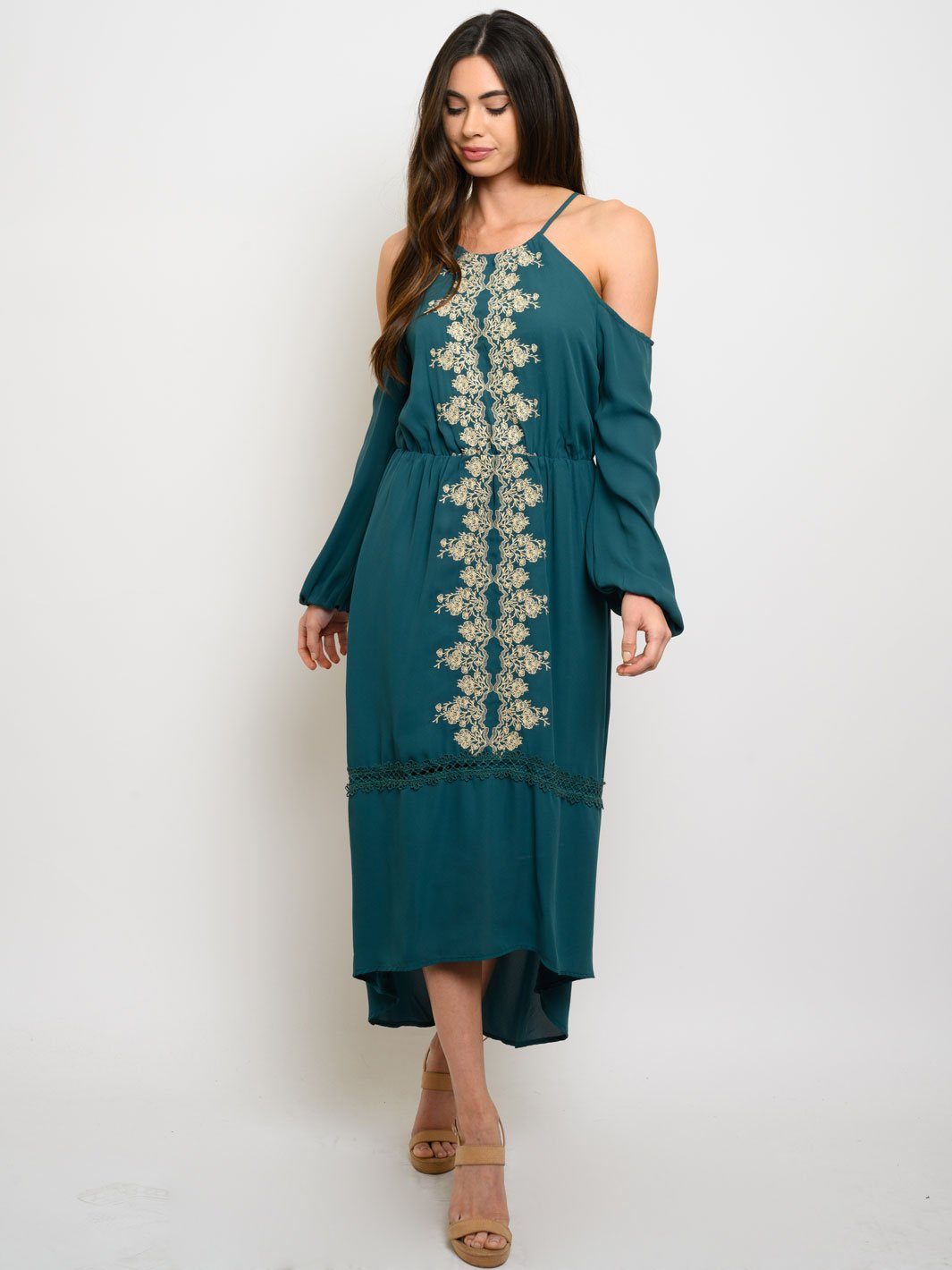 WOMEN'S QUETZAL EMBROIDERY DETAIK COLD SHOULDER MIDI DRESS