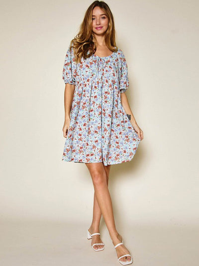WOMEN'S SHORT PUFF SLEEVE FLORAL TUNIC MINI DRESS