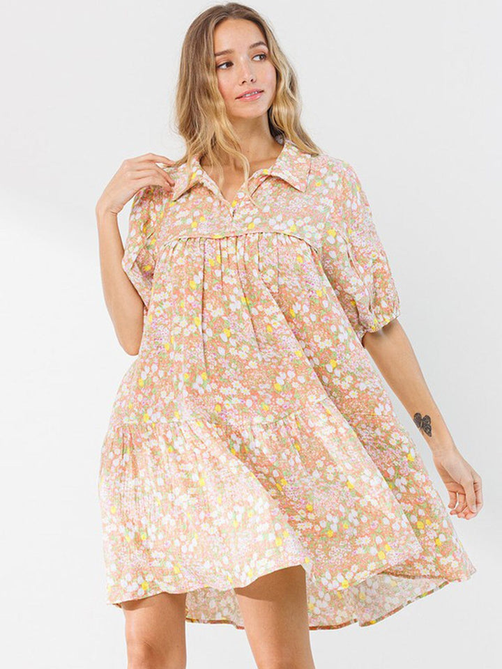 WOMEN'S SHORT SLEEVE TIERED FLORAL V-NECK MINI DRESS