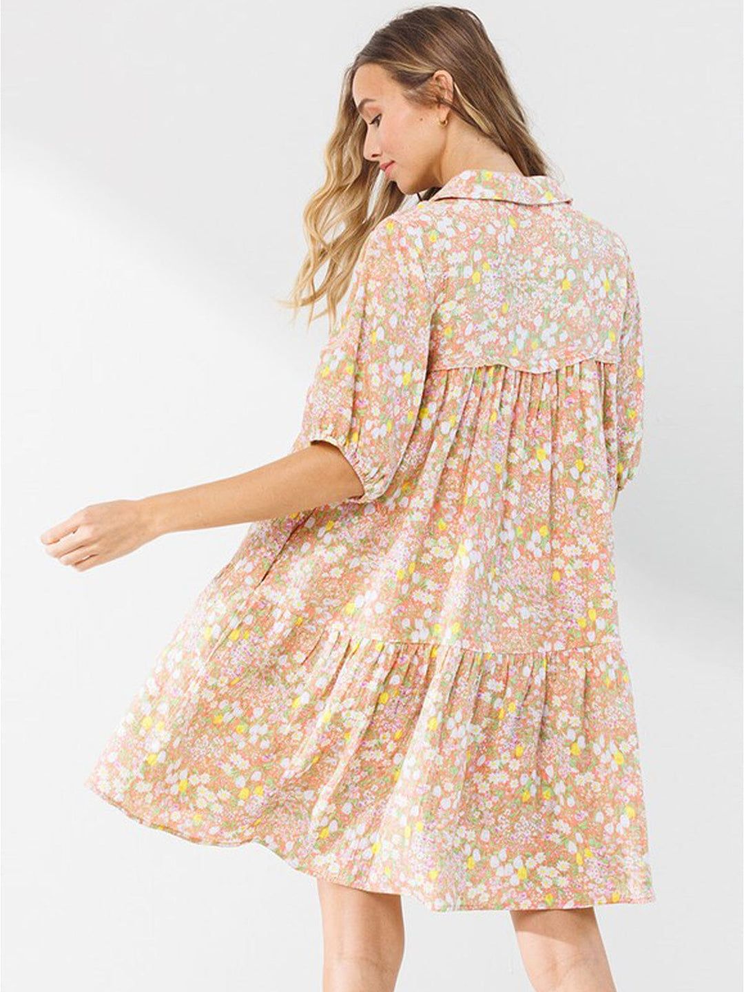 WOMEN'S SHORT SLEEVE TIERED FLORAL V-NECK MINI DRESS