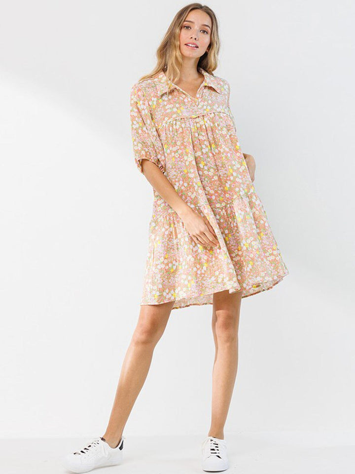WOMEN'S SHORT SLEEVE TIERED FLORAL V-NECK MINI DRESS