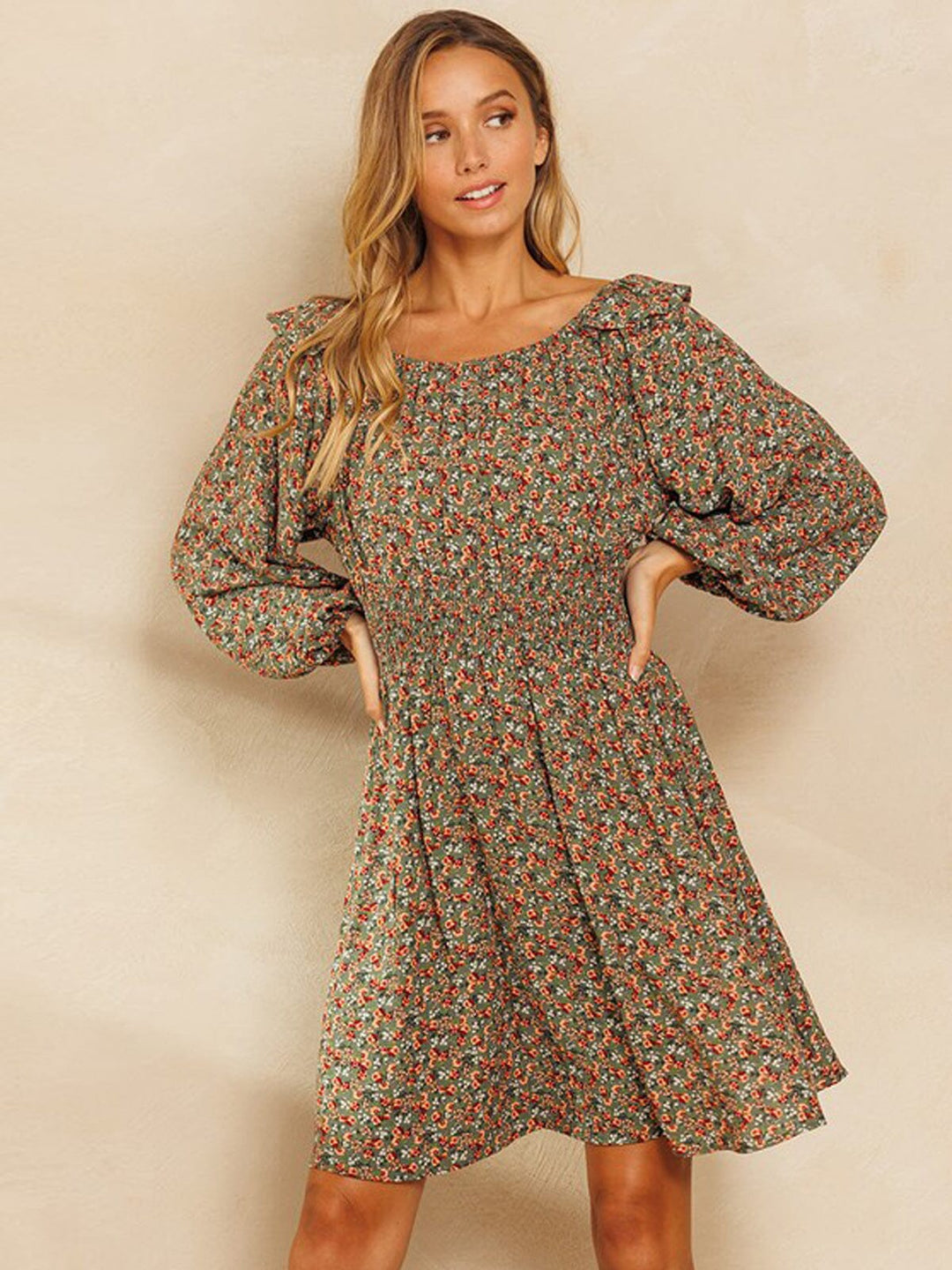 WOMEN'S LONG SLEEVE OFF SHOULDER SMOCK WAIST FLORAL MINI DRESS