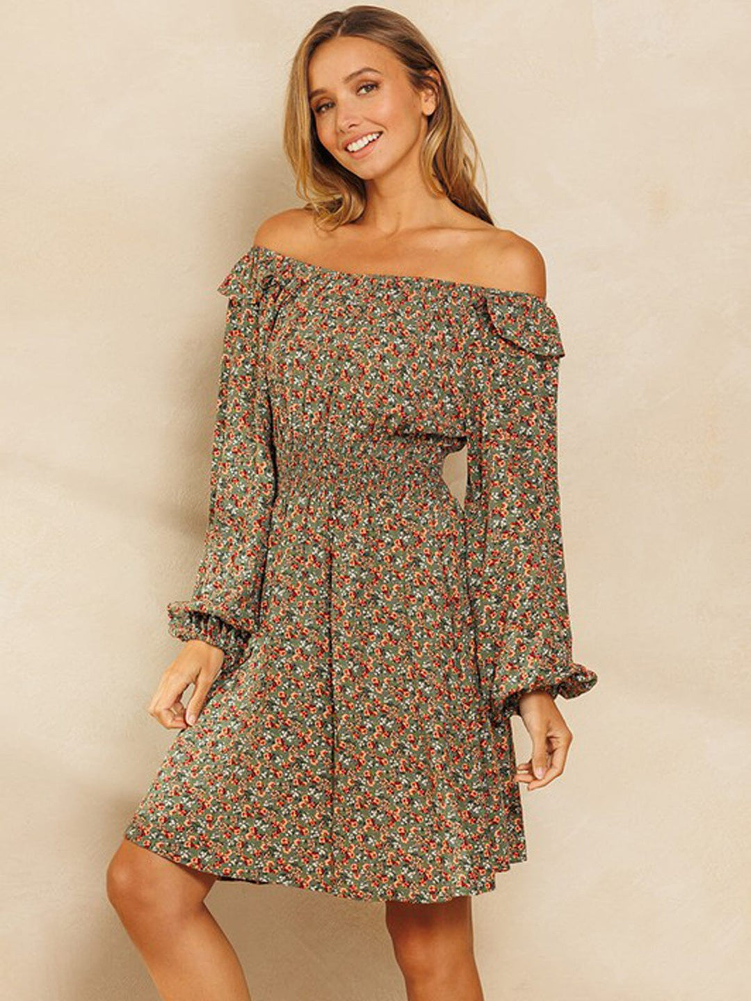 WOMEN'S LONG SLEEVE OFF SHOULDER SMOCK WAIST FLORAL MINI DRESS