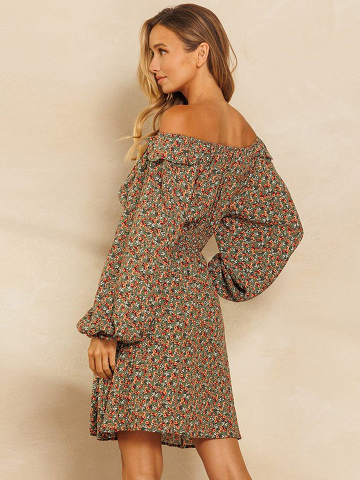 WOMEN'S LONG SLEEVE OFF SHOULDER SMOCK WAIST FLORAL MINI DRESS