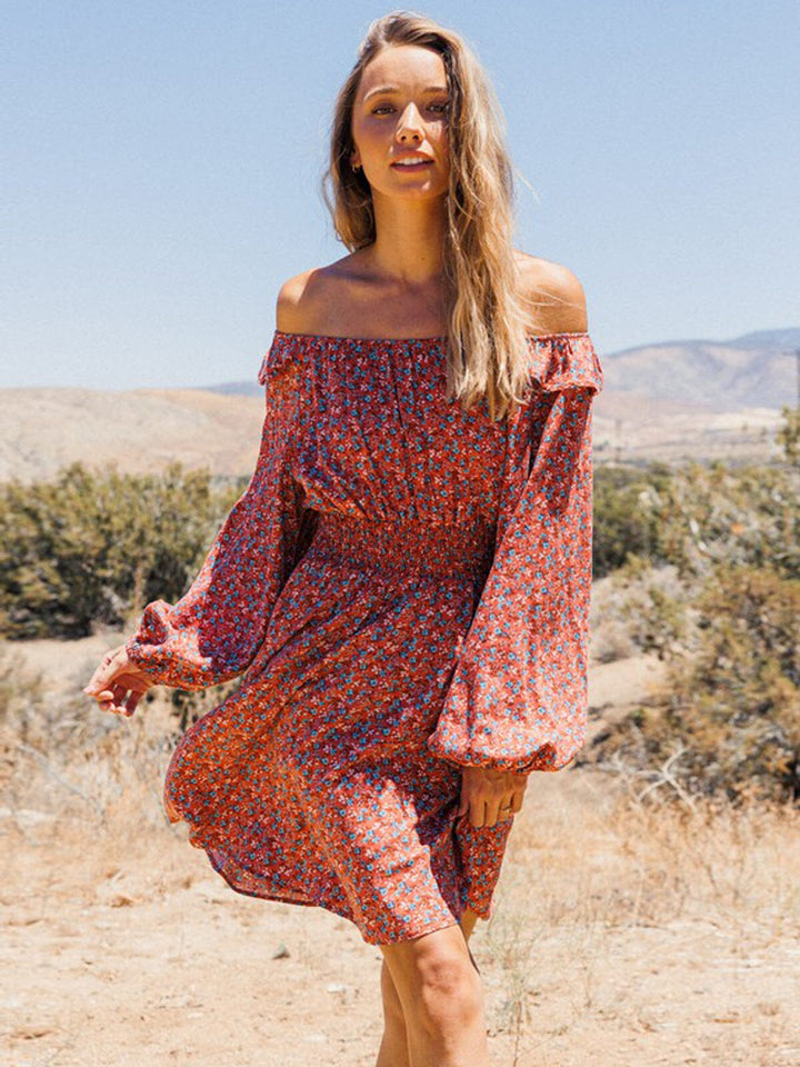 WOMEN'S LONG SLEEVE OFF SHOULDER SMOCK WAIST FLORAL MINI DRESS