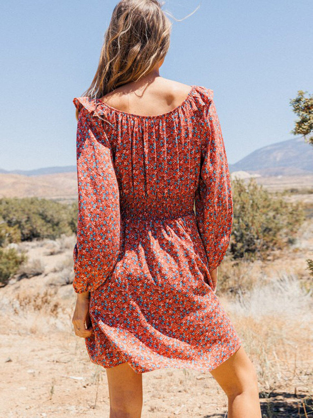 WOMEN'S LONG SLEEVE OFF SHOULDER SMOCK WAIST FLORAL MINI DRESS