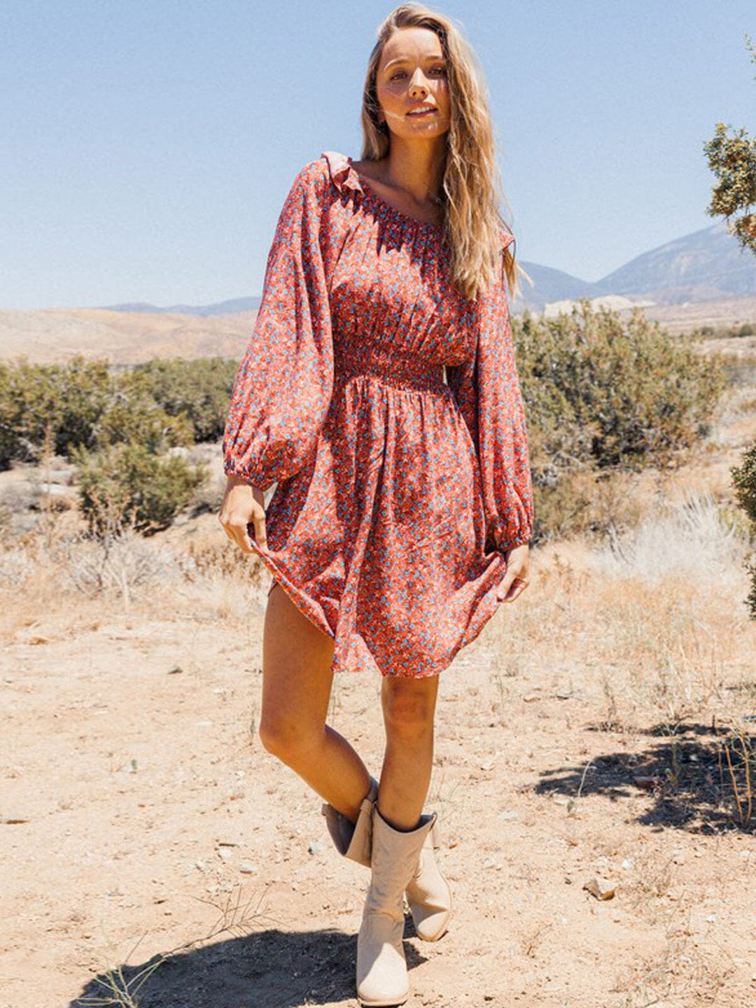 WOMEN'S LONG SLEEVE OFF SHOULDER SMOCK WAIST FLORAL MINI DRESS