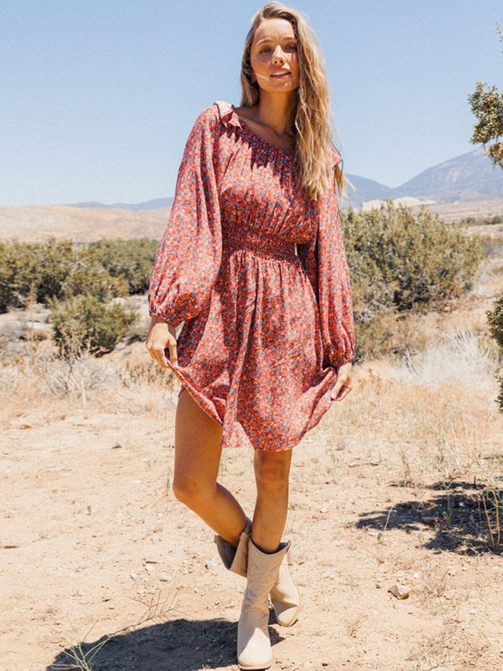 WOMEN'S LONG SLEEVE OFF SHOULDER SMOCK WAIST FLORAL MINI DRESS