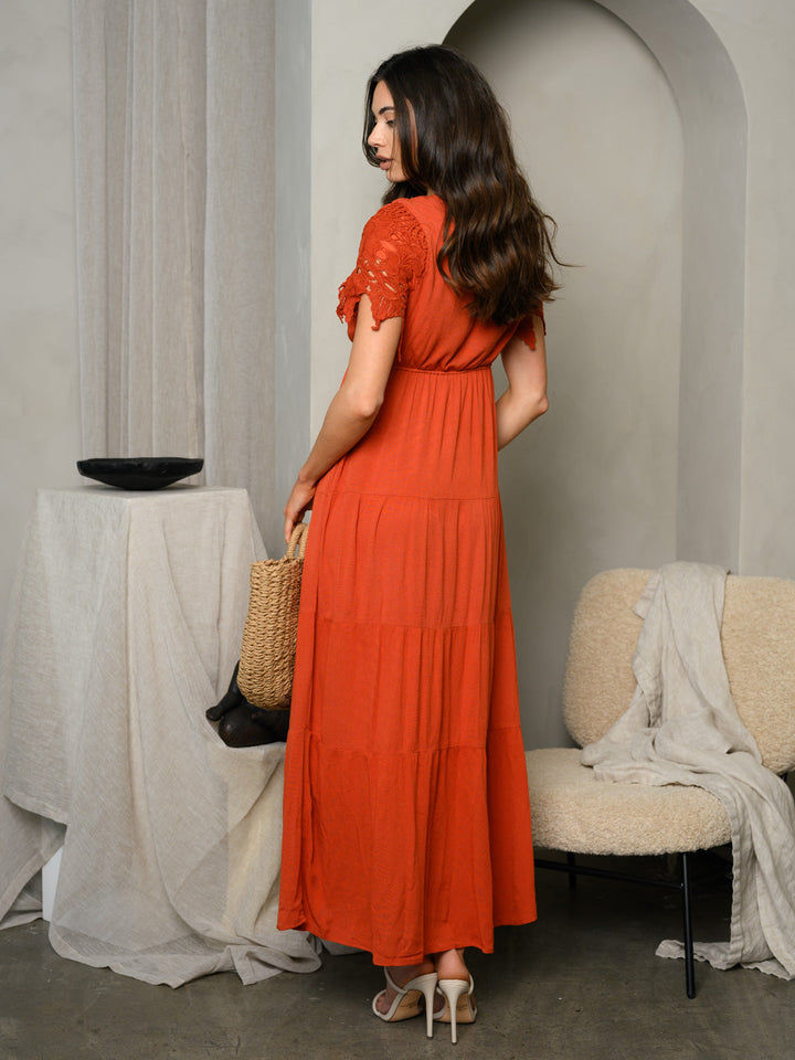 WOMEN'S SHORT LACE SLEEVE MAXI DRESS