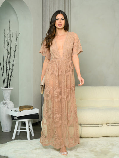 WOMEN'S SHORT SLEEVE V-NECK ALL OVER LACE MAXI DRESS