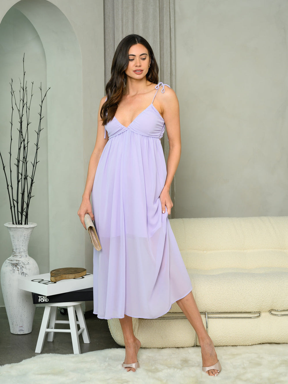 WOMEN'S SLEEVELESS V-NECK BACK TIE MIDI DRESS