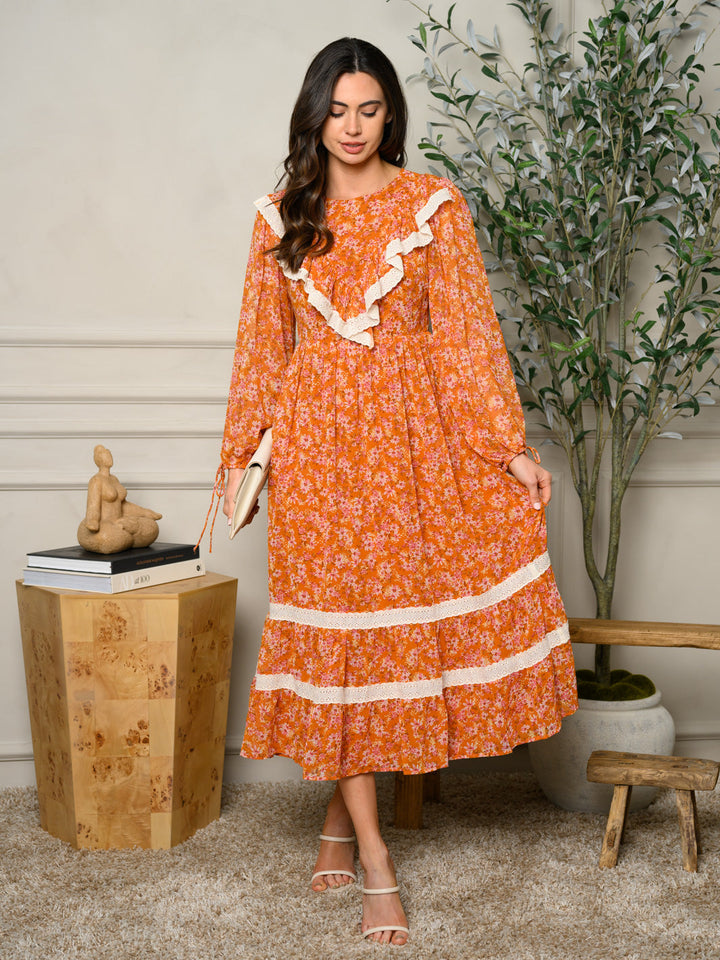 WOMEN'S LONG SLEEVE FLORAL PRINT MAXI DRESS