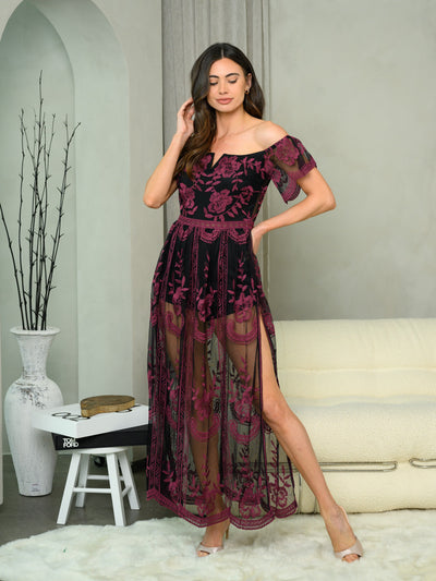 WOMEN'S OFF SHOULDER ALL OVER LACE MAXI DRESS