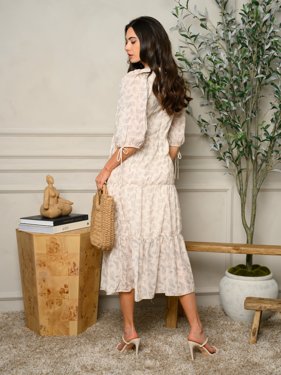 WOMEN'S 3/4 SLEEVE LEAF PRINT MAXI DRESS