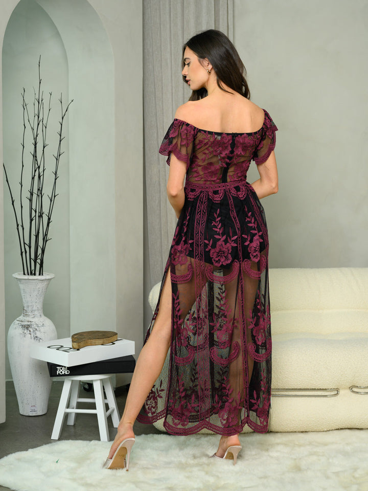 WOMEN'S OFF SHOULDER ALL OVER LACE MAXI DRESS