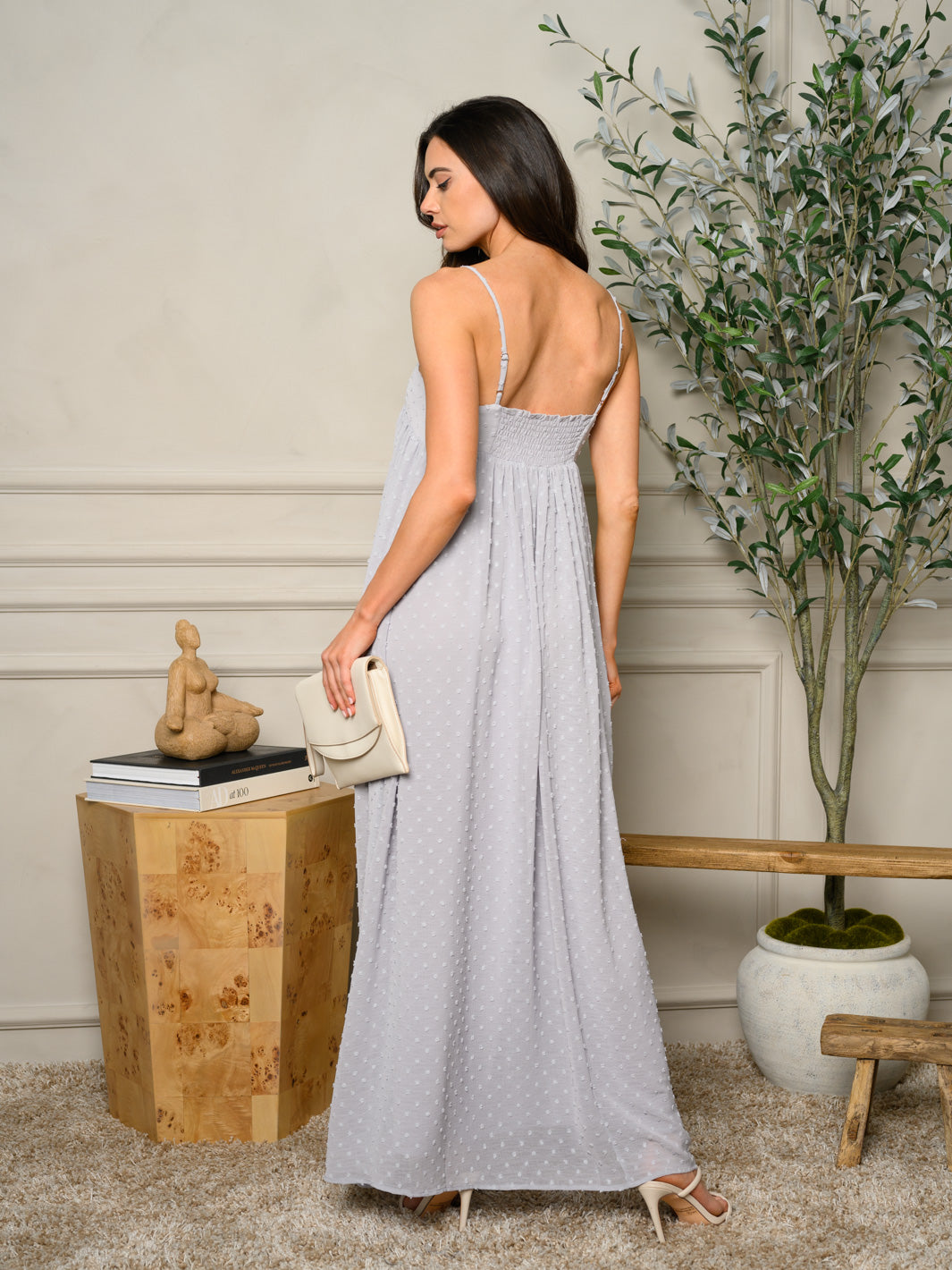 WOMEN'S SLEEVELESS SWISS DOT DETAILED MAXI DRESS