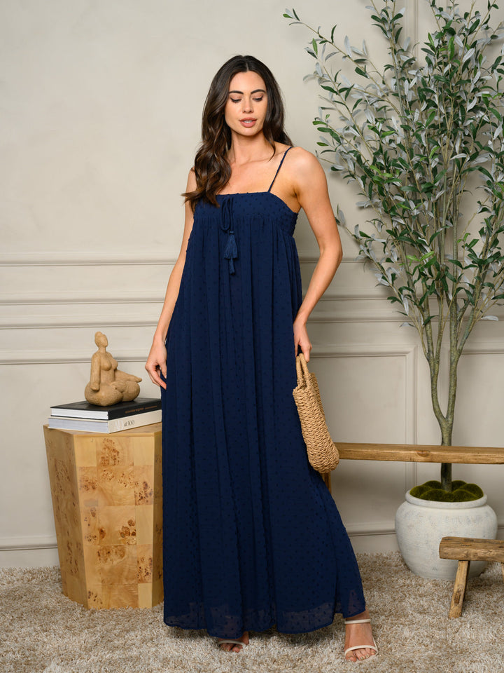 WOMEN'S SLEEVELESS SWISS DOT DETAILED MAXI DRESS