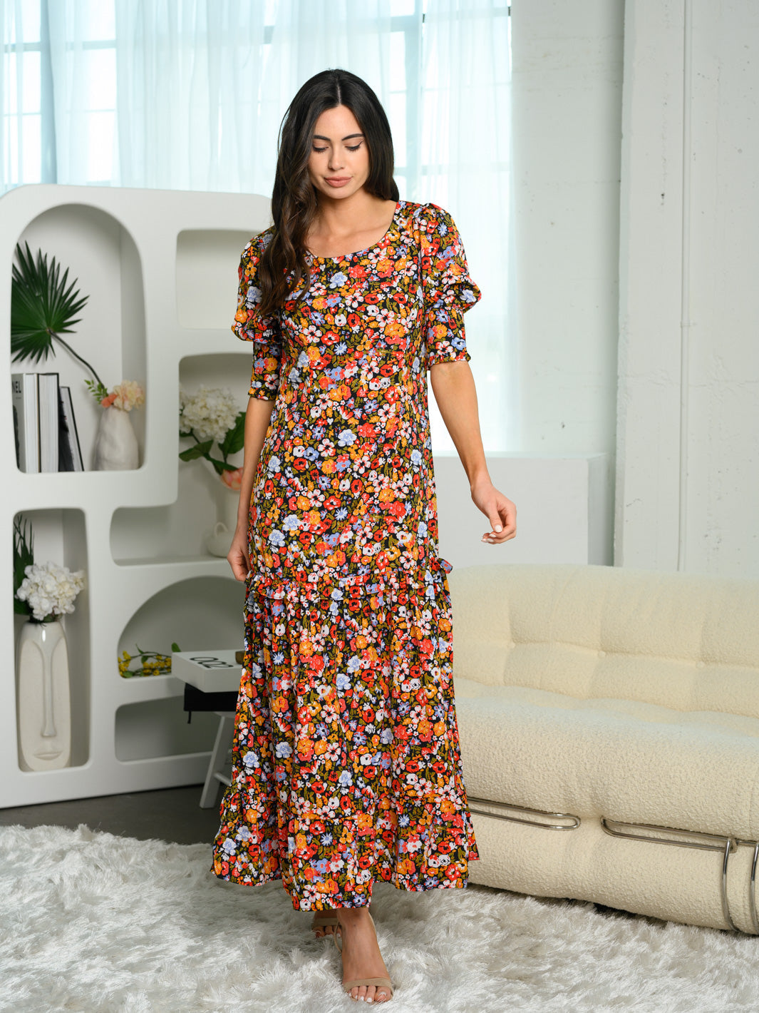 WOMEN'S 3/4 SLEEVE TIERED FLORAL MAXI DRESS