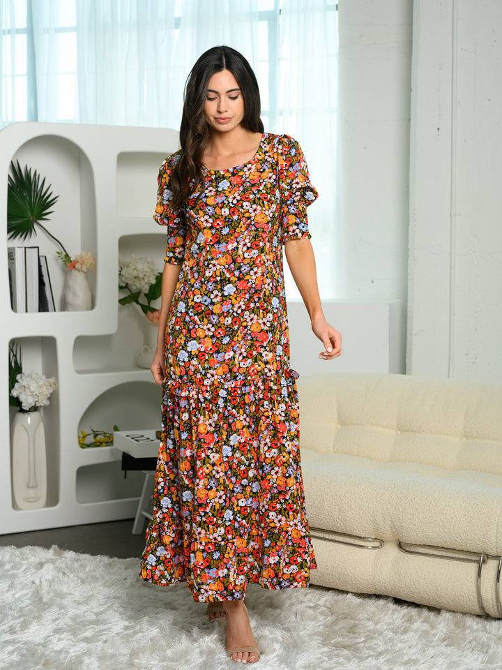 WOMEN'S 3/4 SLEEVE TIERED FLORAL MAXI DRESS