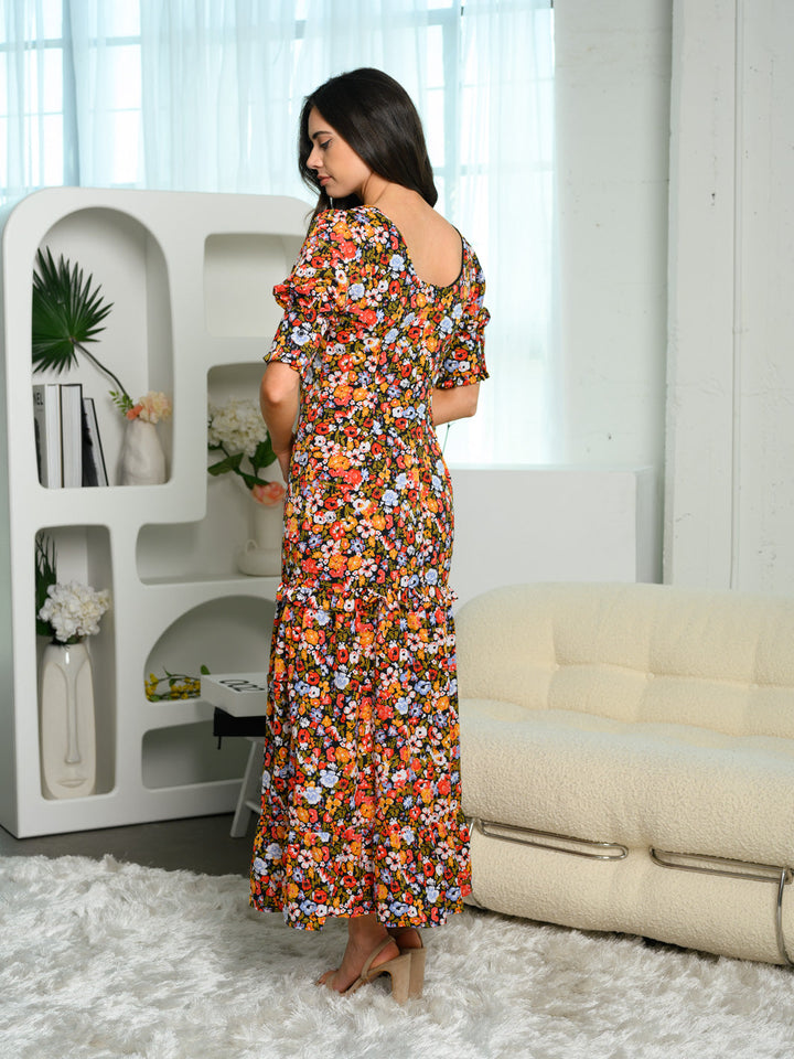 WOMEN'S 3/4 SLEEVE TIERED FLORAL MAXI DRESS
