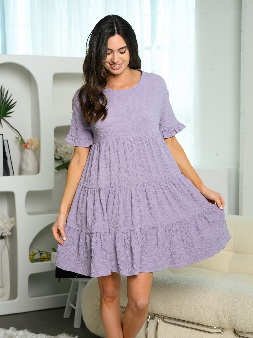 WOMEN'S SHORT SLEEVE TIERED TUNIC MINI DRESS
