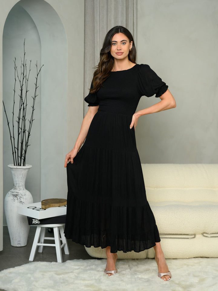 WOMEN'S SHORT SLEEVE SMOCK TIERED MAXI DRESS