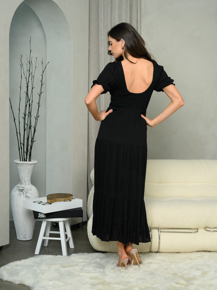 WOMEN'S SHORT SLEEVE SMOCK TIERED MAXI DRESS