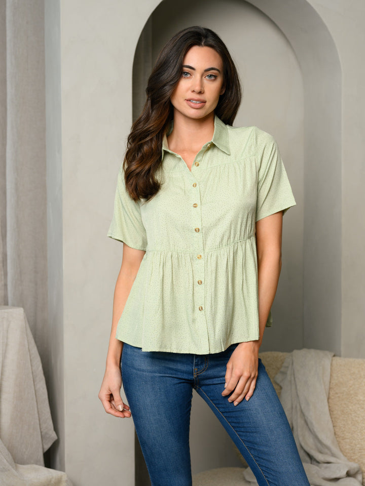 WOMEN'S SHORT SLEEVE BUTTON FRONT COLLAR TOP