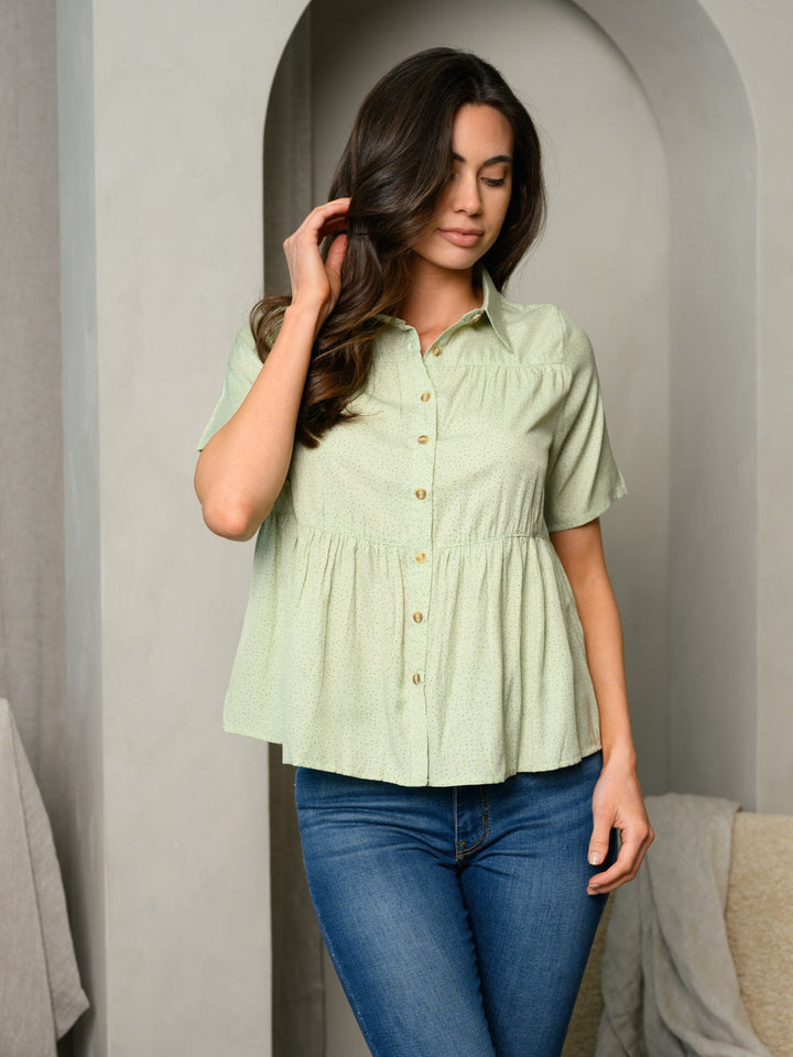 WOMEN'S SHORT SLEEVE BUTTON FRONT COLLAR TOP