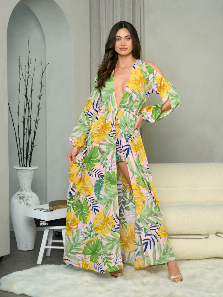 WOMEN'S LONG SLEEVE V-NECK FLORAL ROMPER