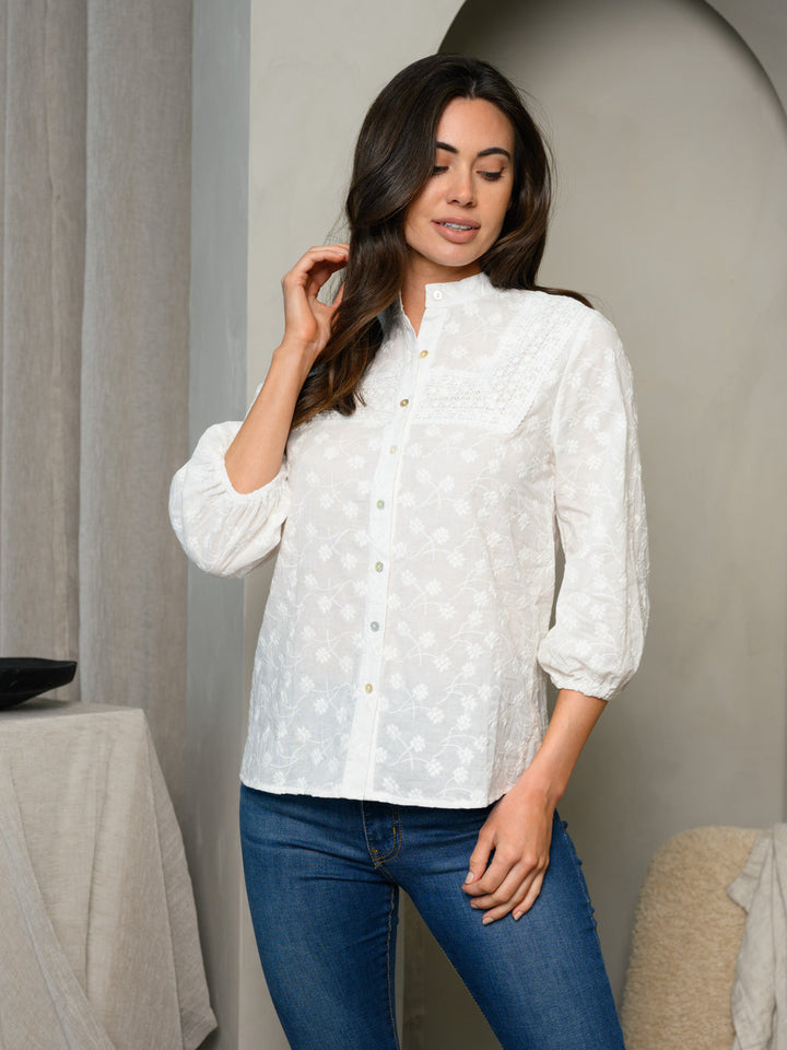 WOMEN'S 3/4 PUFF SLEEVE LACE TRIM TOP