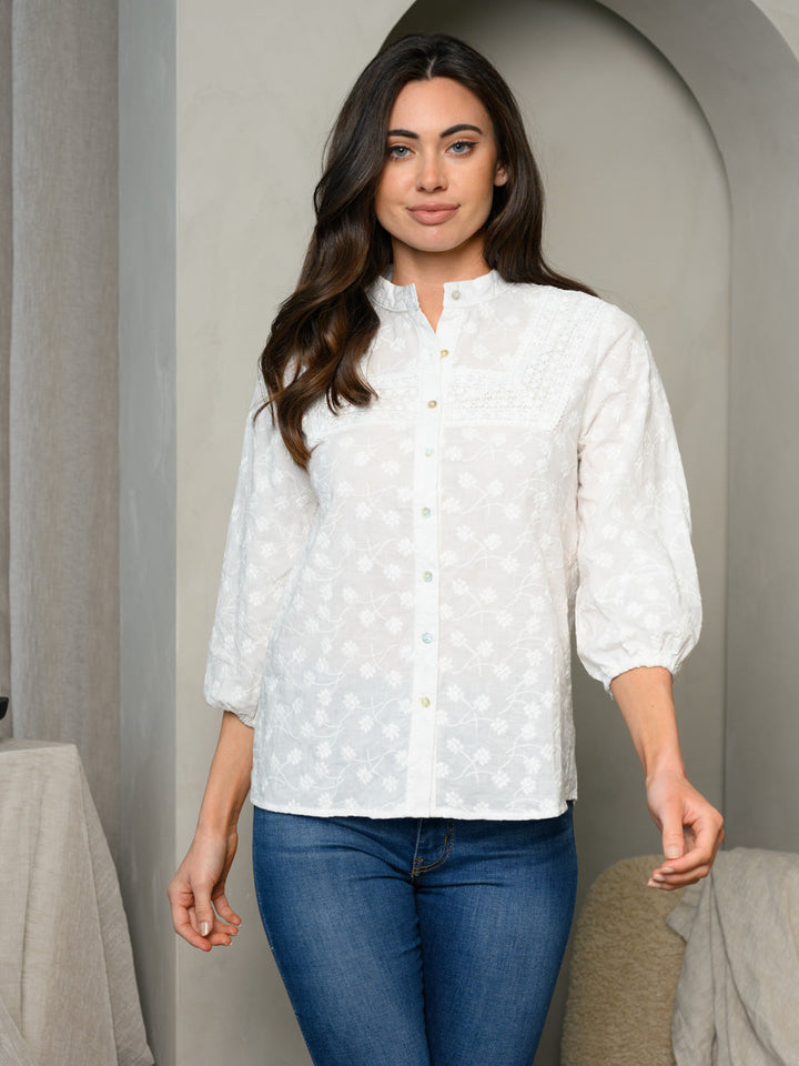 WOMEN'S 3/4 PUFF SLEEVE LACE TRIM TOP