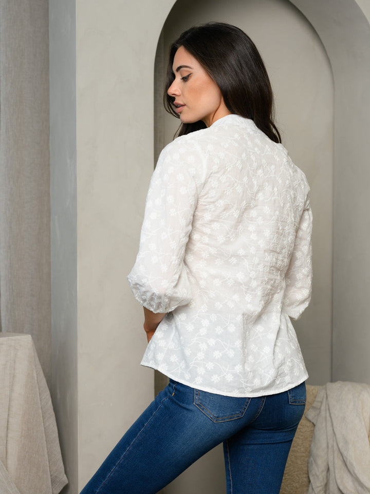 WOMEN'S 3/4 PUFF SLEEVE LACE TRIM TOP