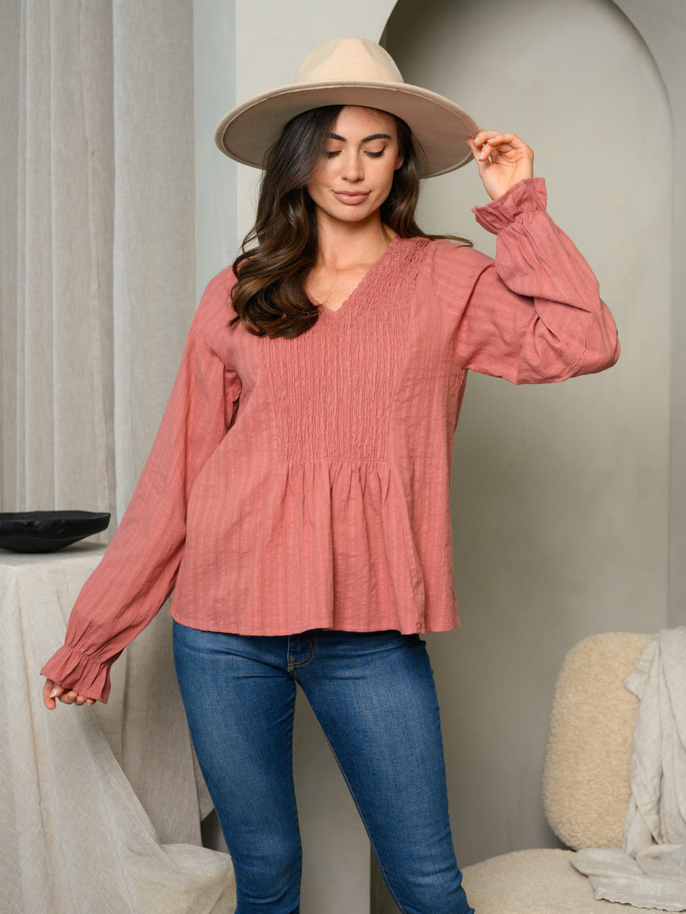 WOMEN'S LONG SLEEVE SMOCKING DETAIL V-NECK TOP