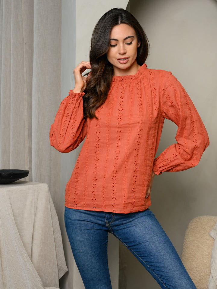 WOMEN'S LONG SLEEVE RUFFLE NECK EYELET TOP