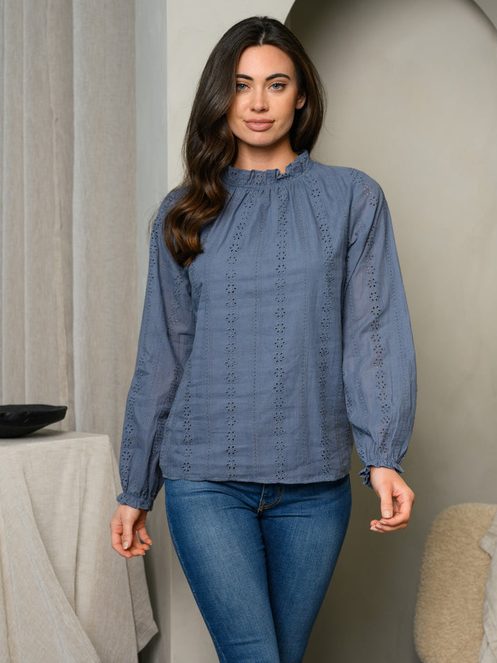 WOMEN'S LONG SLEEVE RUFFLE NECK EYELET TOP