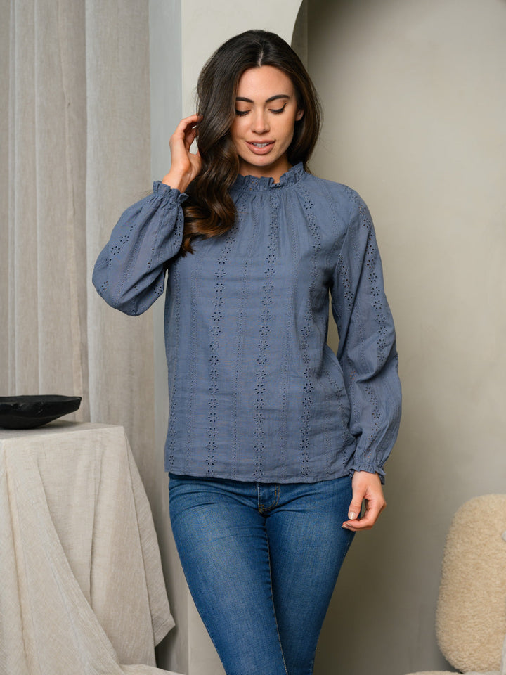 WOMEN'S LONG SLEEVE RUFFLE NECK EYELET TOP