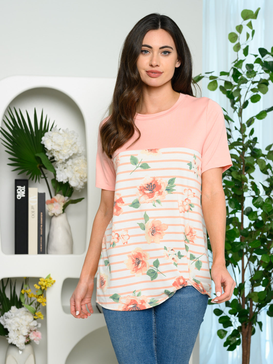 WOMEN'S SHORT SLEEVE STRIPE FLORAL FRONT KNOT TOP