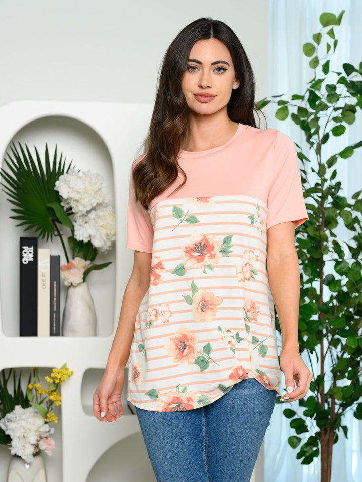 WOMEN'S SHORT SLEEVE STRIPE FLORAL FRONT KNOT TOP