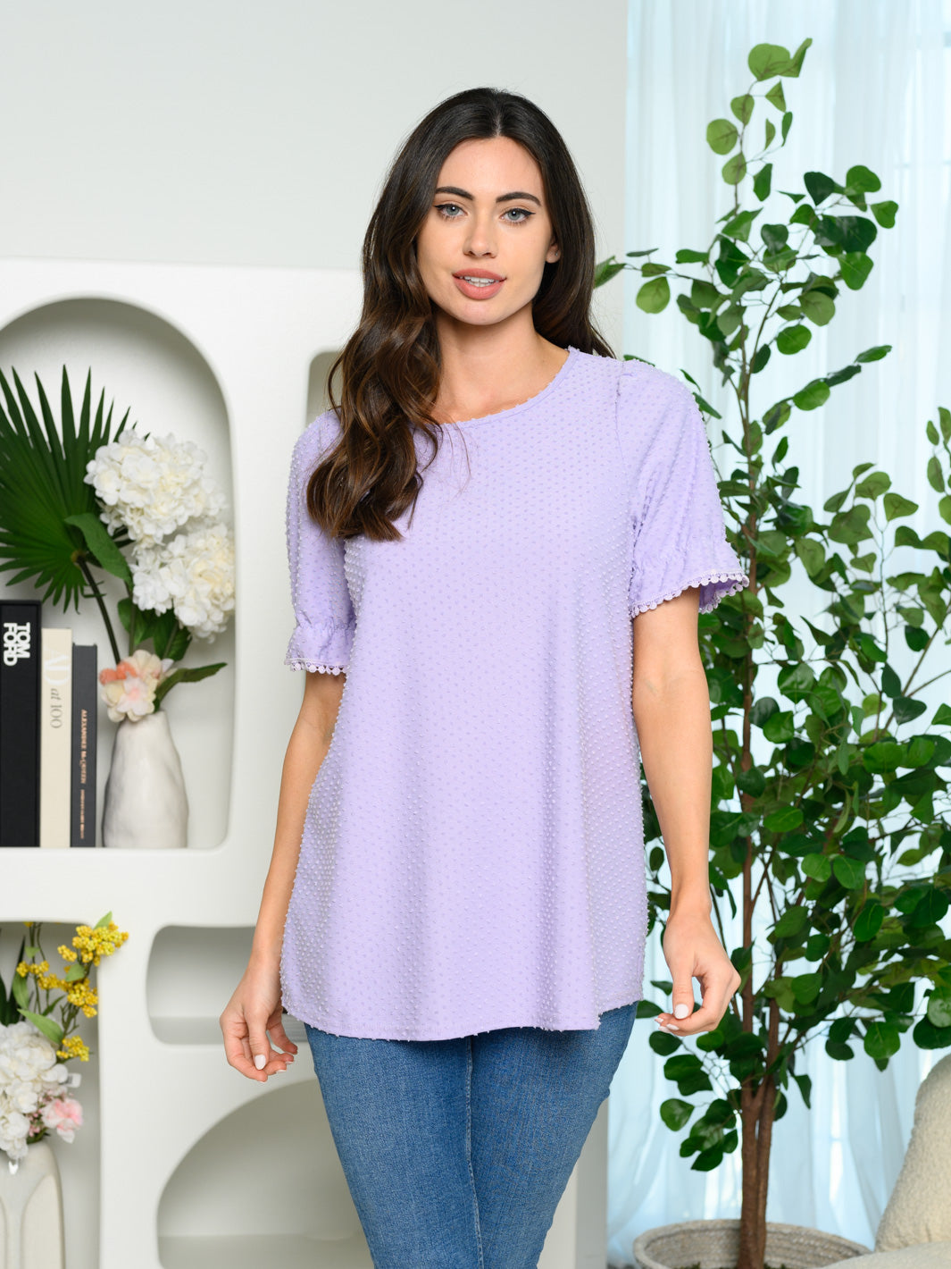 WOMEN'S SHORT SLEEVE RUFFLE DOTTED TOP