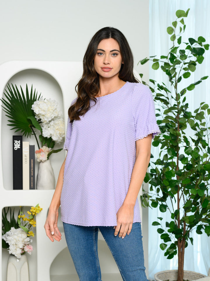 WOMEN'S SHORT SLEEVE RUFFLE DOTTED TOP