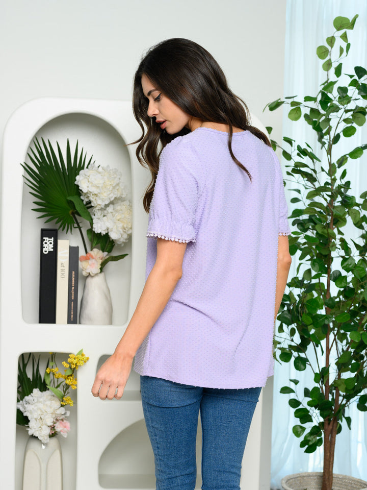 WOMEN'S SHORT SLEEVE RUFFLE DOTTED TOP