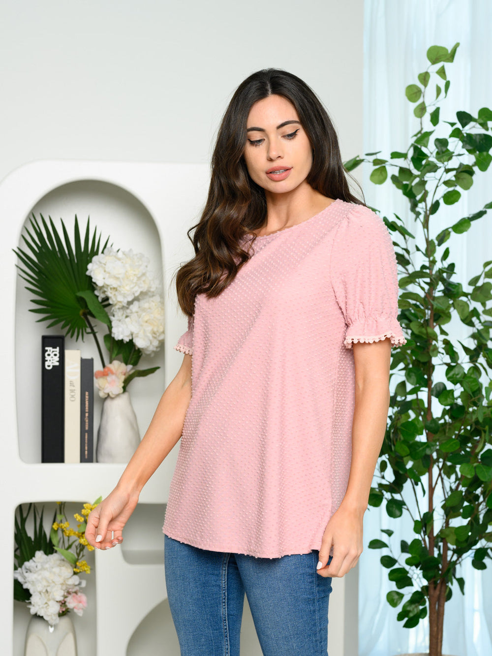 WOMEN'S SHORT SLEEVE RUFFLE DOTTED TOP