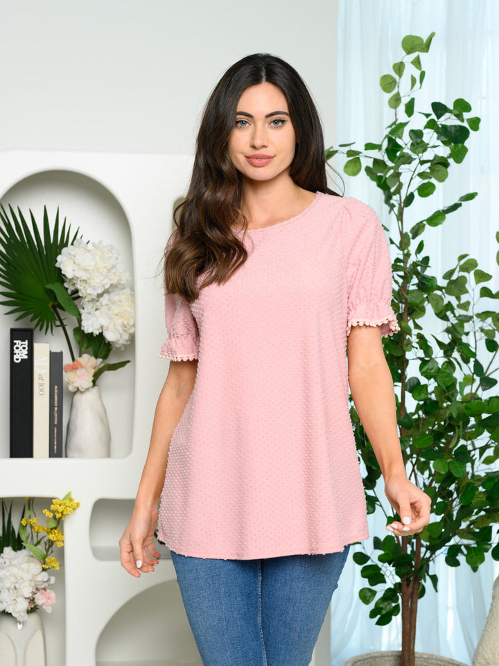 WOMEN'S SHORT SLEEVE RUFFLE DOTTED TOP