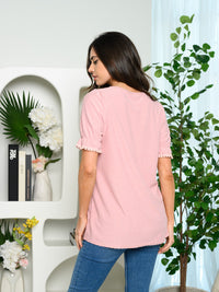 WOMEN'S SHORT SLEEVE RUFFLE DOTTED TOP