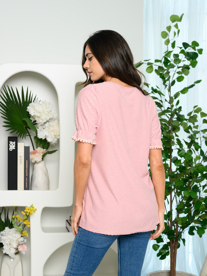 WOMEN'S SHORT SLEEVE RUFFLE DOTTED TOP